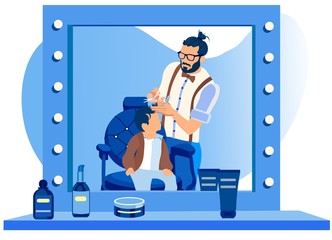 Little Boy in Barbershop. Baby with Stylish Haircut Sitting on Chair in front of Big Mirror in Men Grooming Place, Fashioned Young Bearded Barber Cutting his Hair. Cartoon Flat Vector Illustration