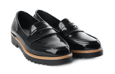 Pair of stylish leather shoes isolated on white