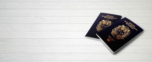 Venezuelan Passports on Wood Lines Bakcground Banner with Copy Space - 3D Illustration