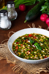 Cold traditional Soup Okroshka with sausage, vegetables