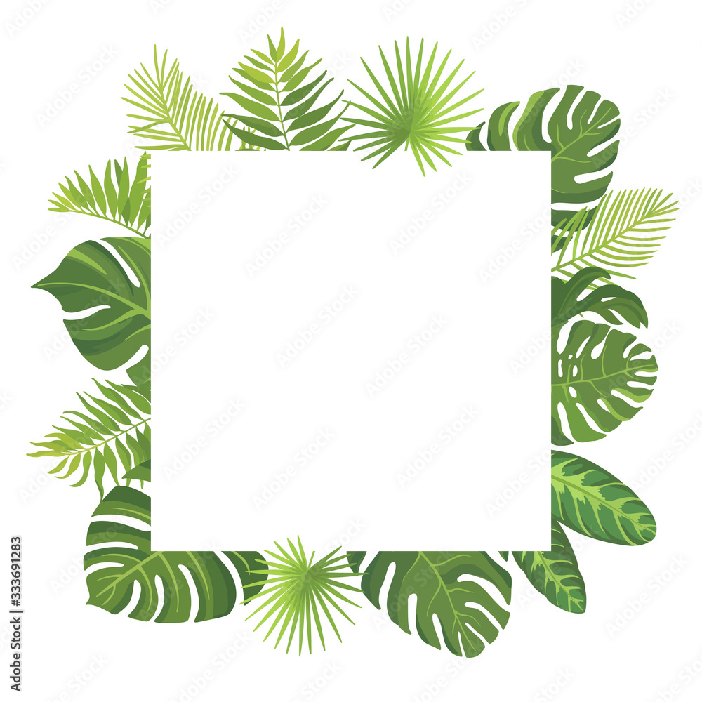 Wall mural Tropical green leaves frame template. Floral border with place for text. Vector illustration.