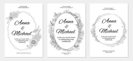 Wedding invitations, save the date cards set with tropical flowers. Line art botanical composition. Vector illustration.