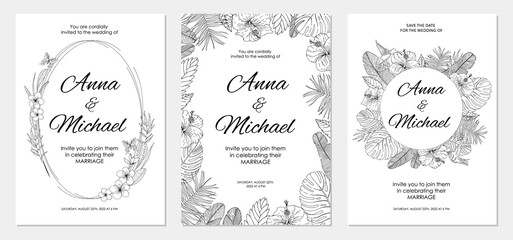 Wedding invitations, save the date cards set with tropical flowers. Line art botanical composition. Vector illustration. - obrazy, fototapety, plakaty