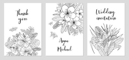 Wedding invitations, save the date cards set with tropical flowers. Line art botanical composition. Vector illustration.