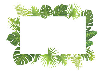 Green tropical frame template. Botanical border with place for text. Vector illustration. - obrazy, fototapety, plakaty