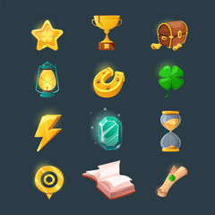 Set of various items for game user interface design. Cartoon magic items and resources for a fantasy game. Gold coins, book, candle, gem, chest, clover. © diluck