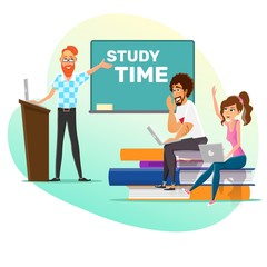 Cartoon Professor and Smart Students Characters. Study Time Poster. Back to College or University. Book Stack, Chalkboard. Modern Class with Laptop. Knowledge and Education. Vector Flat Illustration