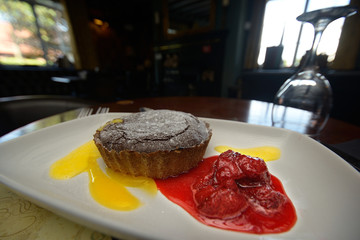 Chocolate Cheese Cake with Custard and Pured Strawberry