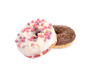 Sweet tasty glazed donuts on white background