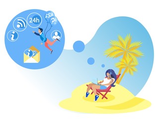 Informative Flyer Call Center Management at Resort. Operator Regularly Check Mailbox. Girl Transmits Information to Guy through Laptop. Young Woman Sitting Under Palm Tree. Vector Illustration.