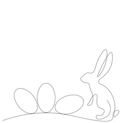 Easter bunny rabbit and eggs line drawing. Vector illustration