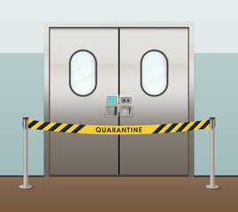 Hospital doors with quarantine warning. Fence with an exhaust tape. Vector illustration.