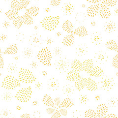 Doodle seamless abstract hand drawn fireworks pattern in oraganic floral shape. Hand painted irregular golden drops on white background. Graphic, modern design. Fireworks, new year, celebration.