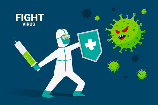 Fight Covid-19 Corona Virus Vector Cartoon Illustration Concept. Cure Coronavirus. Doctor With Protective Cloth For Fighting Virus With Vaccine Injection. Contagious Virus Outbreak Global.