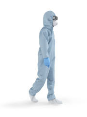 The doctor walks in a protective disposable suit, in a respirator and glasses. Medical worker in protective overalls. A man in a medical uniform. 3d illustration isolated on a white background.
