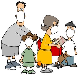 A family wearing face masks grocery shopping
