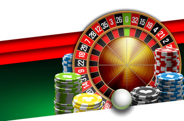 illustration Online Poker casino banner with american roulette on green surface table. Marketing Luxury Banner Jackpot Online Casino with classic roulette. Advertising poster with red ribbon for text.