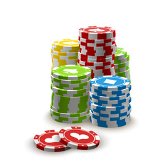 illustration Online Poker casino banner with chips on white surface table. Marketing Luxury Banner big win Jackpot Online Casino isolated on white background. Advertising poster with chips