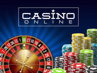 illustration Online Poker night casino banner with realistic american roulette on blue space. Marketing Luxury blue Banner Jackpot Online night Casino with 3d classic roulette. Advertising poster set.