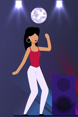 Cartoon Happy Pretty Woman Character in Casual Clothes Dancing and Clubbing on Dance Floor. Stage with Shiny Disco Ball. Girl Rejoicing Party Time in Night Club. Vector Festive Illustration