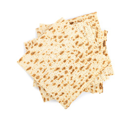 Passover matzos isolated on white, top view. Pesach celebration