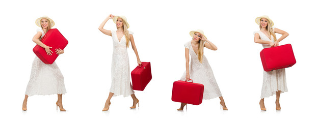 Woman with red suitcase isolated on white