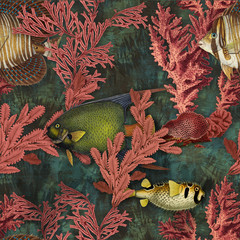 Ocean floor wallpaper pattern for fish, colorful, coral reefs, aquatic plants - 333695275