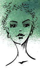Graphic drawing. Portrait of beautiful woman. Green background