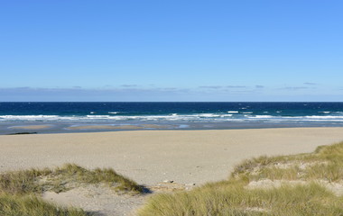 Summer landscape with Atlantic beach with waves breaking, grass in sand dunes and blue sky. Arteixo, Coruña, Galicia, Spain.