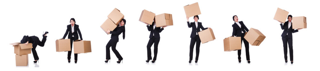 Woman with lots of boxes on white