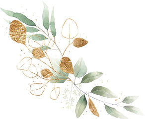 watercolor floral illustration foliage bouquet composition arrangement wreath greenery herbs round frame geometric natural gold green stationery wedding romance delicate silky 