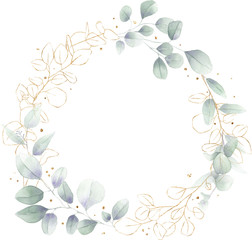 watercolor floral illustration foliage wreath greenery herbs round frame geometric natural gold green stationery wedding romance delicate silky 