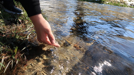 川の水に触れる男性の手