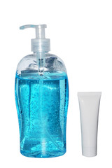 Alcohol gel Sanitizer hand gel cleaners and alcohol for anti Bacteria and virus on White Background, People using alcohol gel to wash hands to prevent COVID-19 virus.