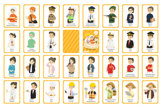 Indonesian profession bilingual flashcards vector set. Printable profession flashcard for kids. English Indonesian language.