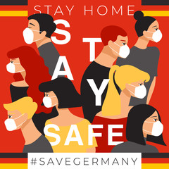 Set of men and women wearing medical mask preventing air pollution and virus with national flag :  Stay home, stay safe poster layout : Vector Illustration