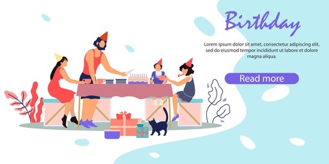 Happy Family Celebrating Birthday Holiday. Mother with Kids Sitting at Table Drinking Tea, Father Cutting Cake at Home with Cat and Heap of Gifts. Cartoon Flat Vector Illustration, Horizontal Banner