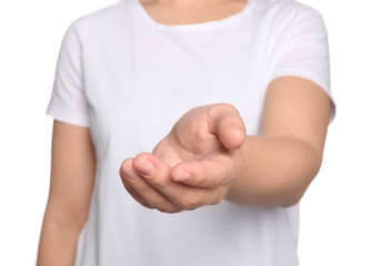 Woman against white background, closeup on hand