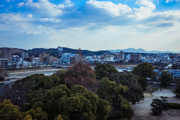 Obraz premium Panoramic View to the Okayama City from the Tower Roof of the Castle, Japan