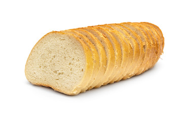 Sliced loaf of bread on white background.