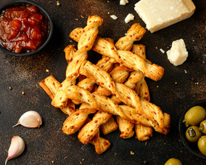 Cheese Twist Sticks with garlic, parmesan and chutney. party food snacks