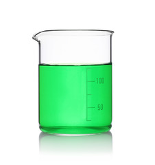 Beaker with green sample isolated on white