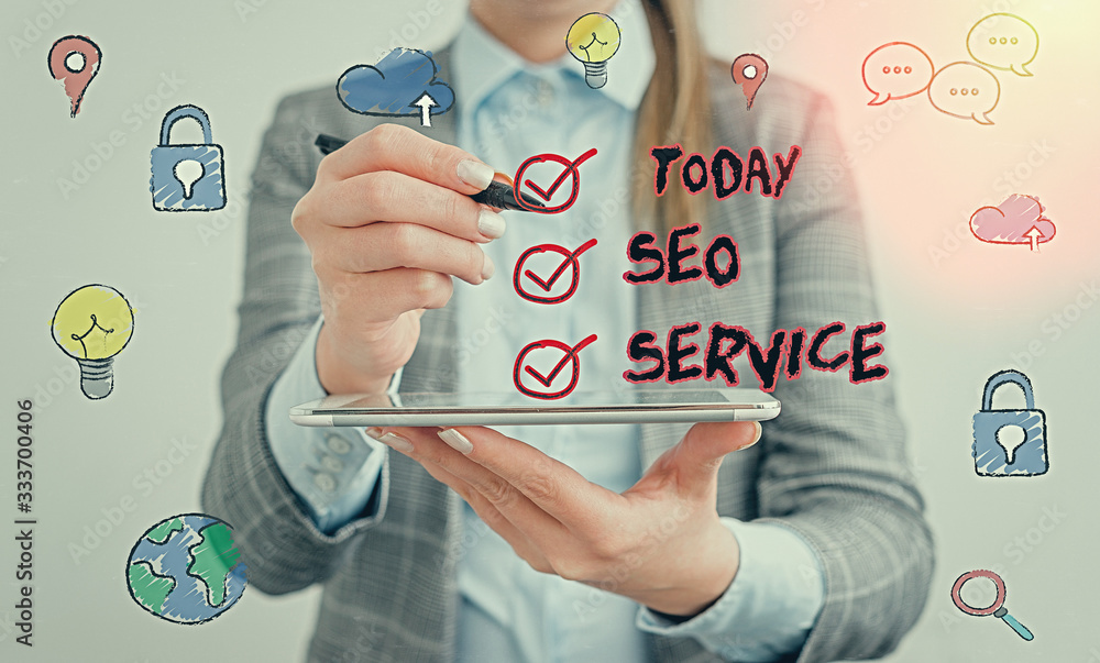 Aufkleber text sign showing seo service. business photo text techniques and procedures to increase the website