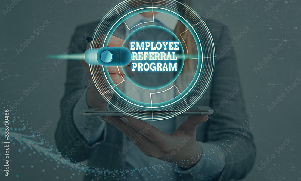 Aufkleber writing note showing employee referral program. business concept for employees are rewarded for intr