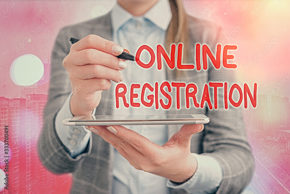 Poster text sign showing online registration. business photo text system for subscribing or registering via