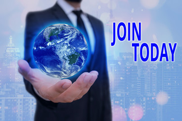 Conceptual hand writing showing Join Today. Concept meaning to become a new group member or sign up...