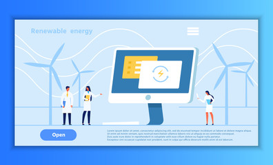 Alternative and Renewable Energy Presentation Webpage. Flat Cartoon Man and Woman Scientists Standing by Huge Monitor for Control and Manipulating Windmills Blade Turbine. Vector Illustration