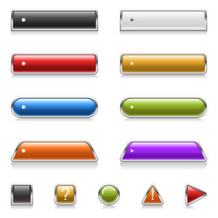 Vector set of website buttons in different styles (rectangular, round, square, black, white, red, yellow, blue, green, orange, purple, black, question, warning, arrow, chrome) isolated on white.