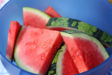 Juicy, healthy and fresh watermelon slices in a blue plastic bowl. Watermelon is a red and green fruit full of water and vitamins, perfect snack for summertime for the ones with a healthy lifestyle.