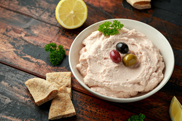 Taramasalata dip with pita bread and olives